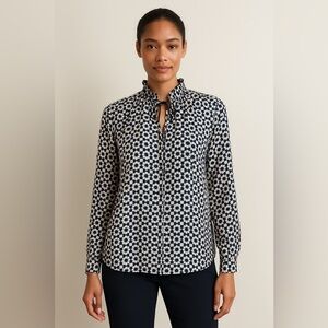 LOFT Women’s Navy White Geometric Print Long Sleeve Blouse Size XS